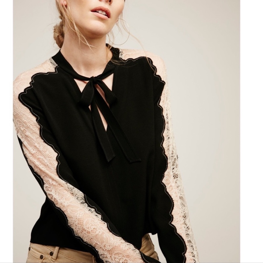 Free People Black Blouse with Cream Lace Sleeves